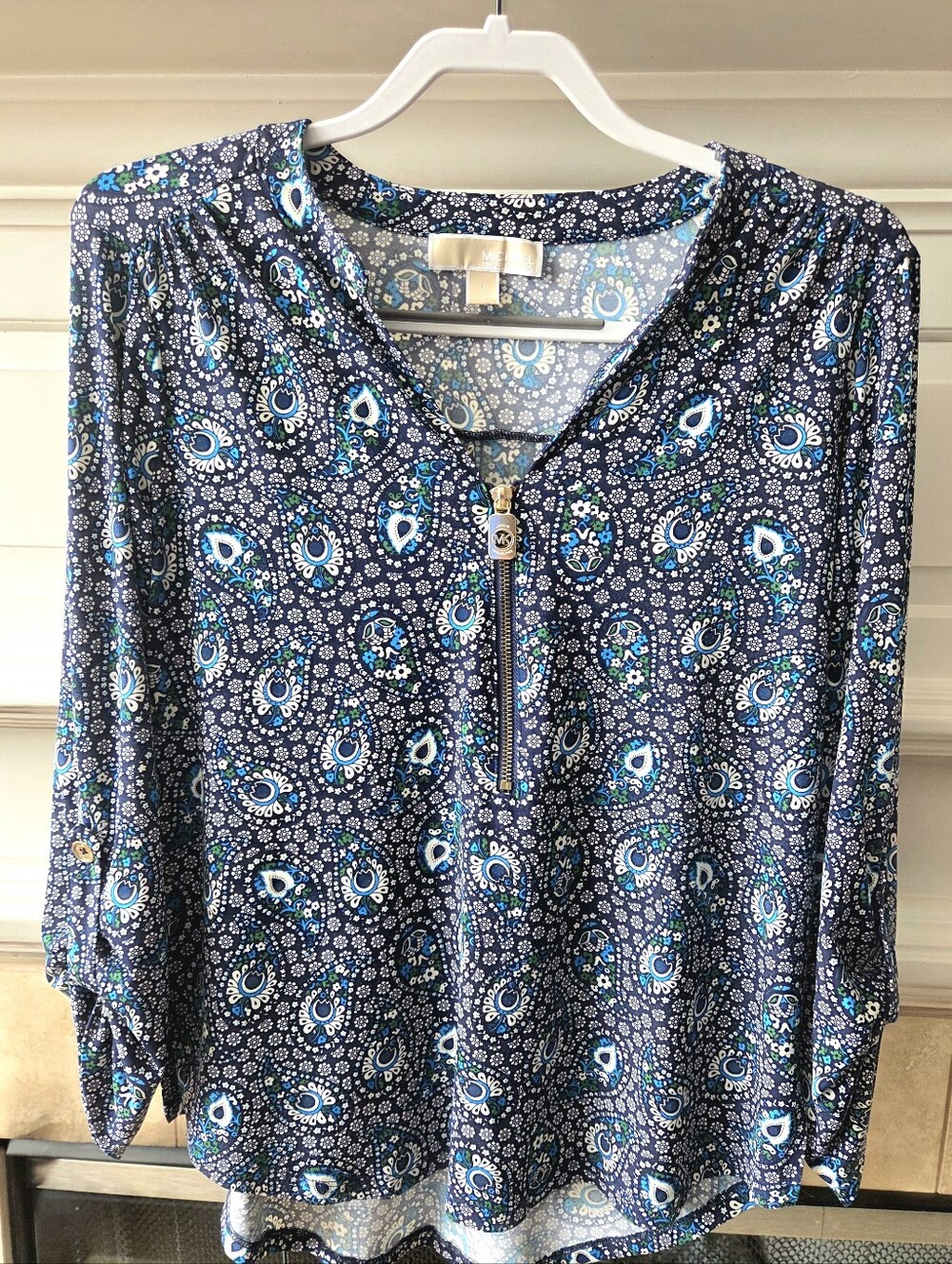 Michael Kors Paisley Zip Neck Blouse Blue Floral Roll Tab Sleeve Top Size Medium